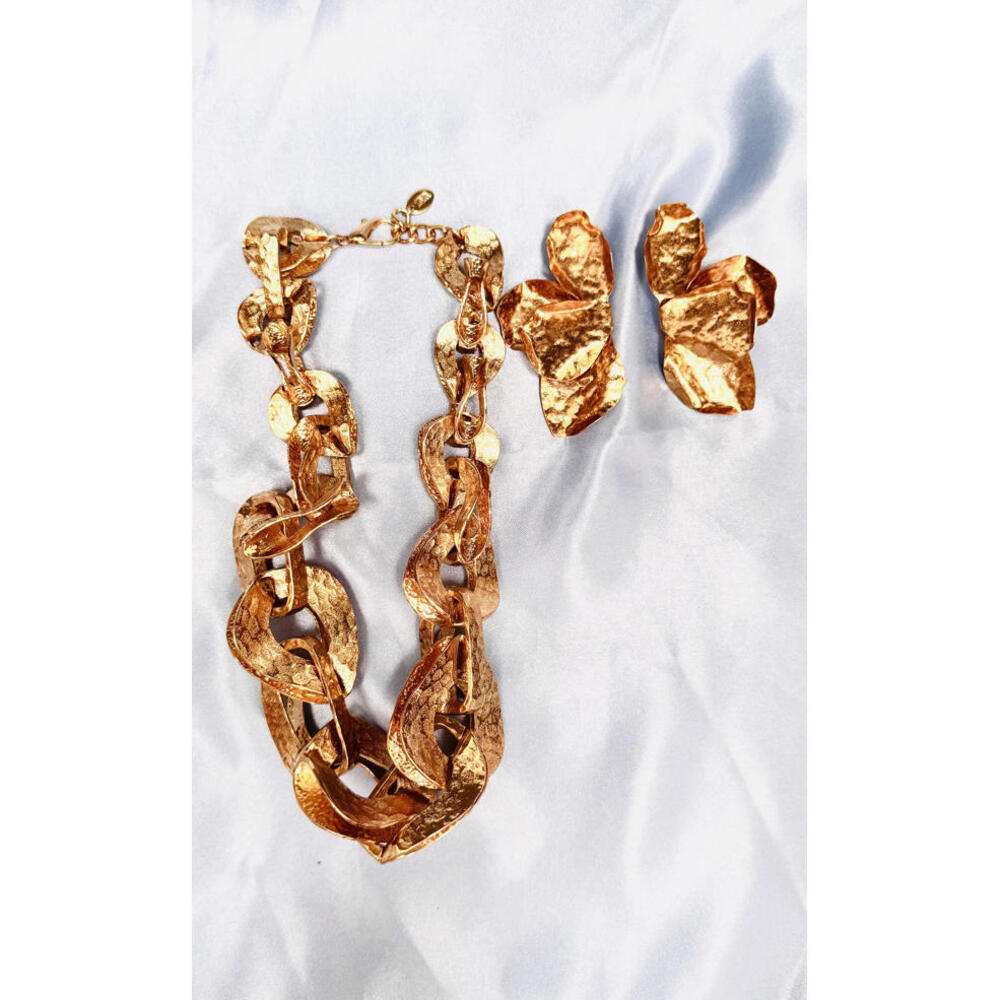 Zara Gold Tone Hammered Art Deco Style Necklace with Matching Earrings